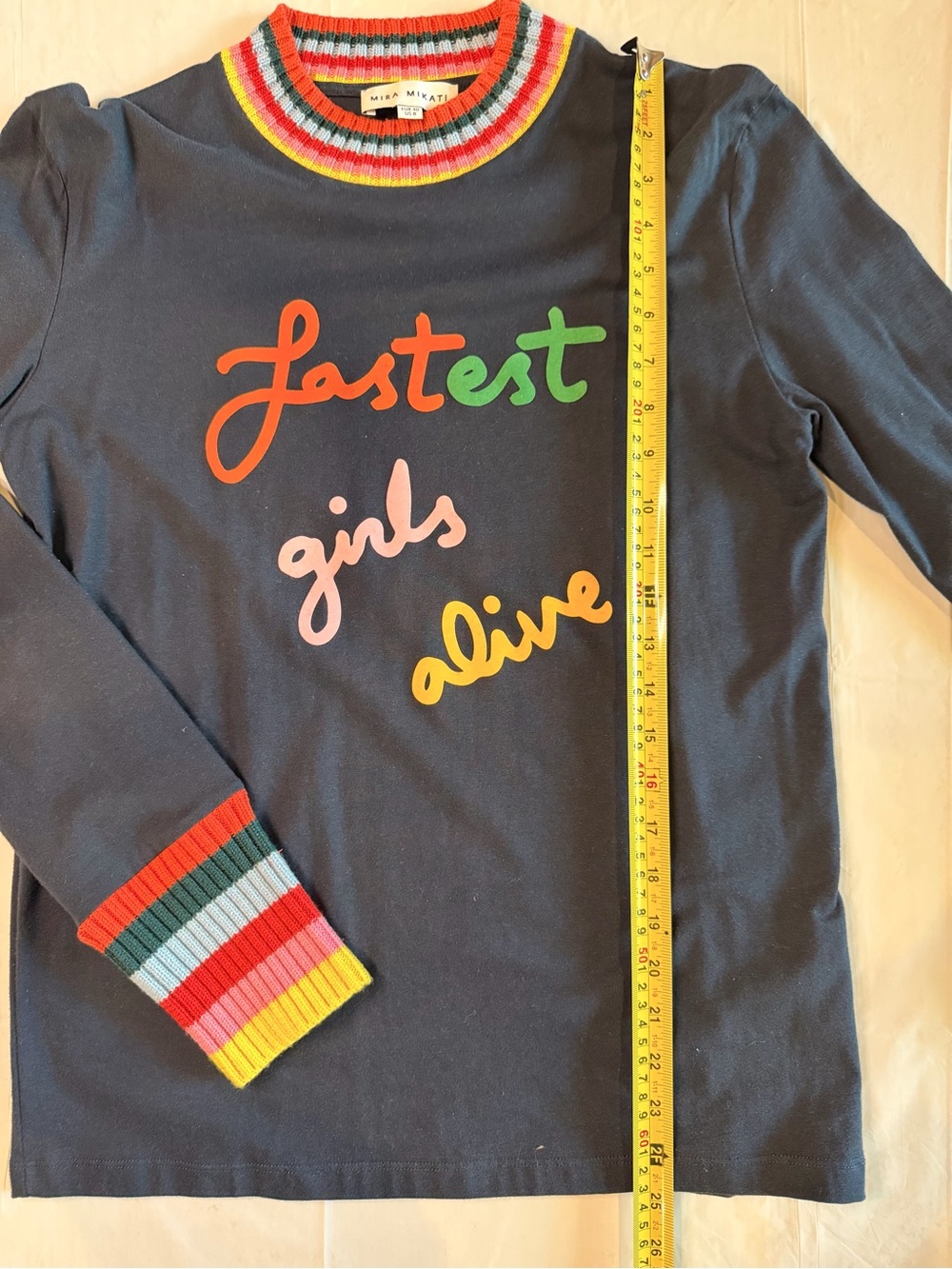 Mira Mikati Fastest Girls Alive Navy Rainbow Trim Long Sleeve Top US 8 EU 40 - Picture 3 of 6